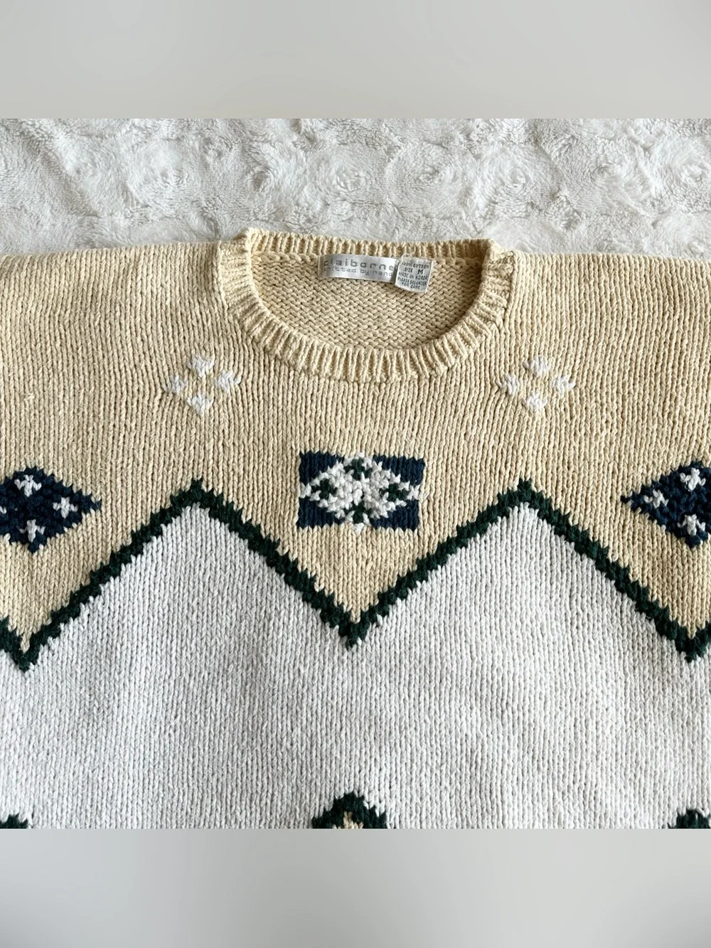 Vintage Claiborne Pullover Sweater Mens Medium Cream Geometric Grandpa 90s Heavy